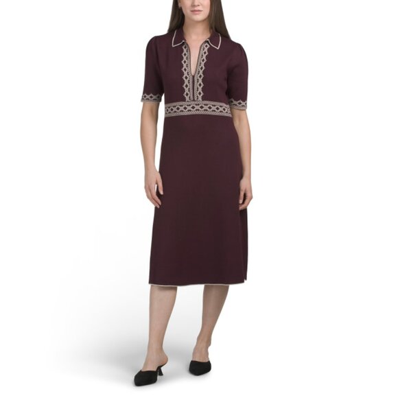 MAX STUDIO Wine Short Sleeve Border Sweater Dress - Picture 1 of 2